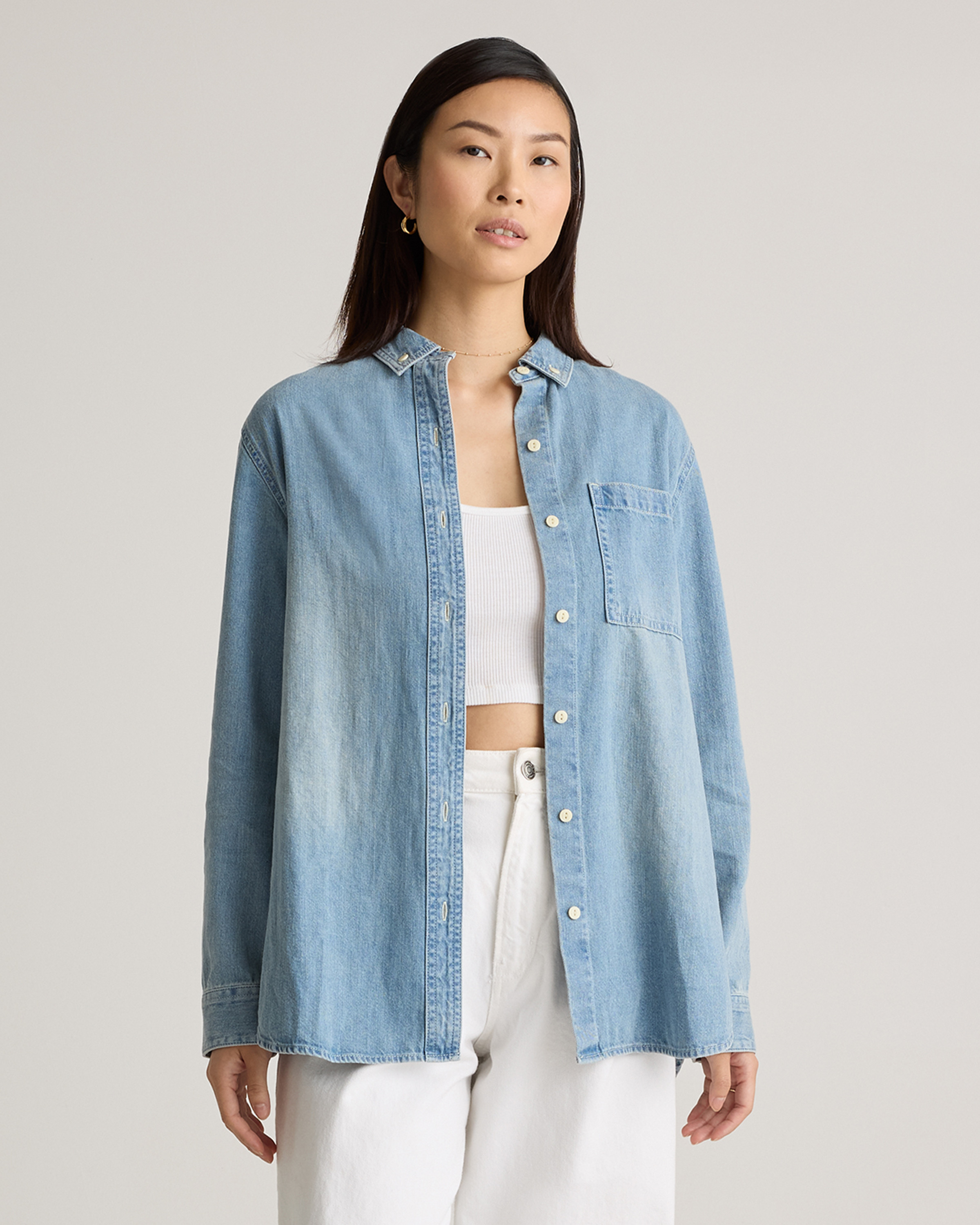 Quince | Women's Distressed Denim OverSized Shirt in Blue, Size Small, Cotton | Quince