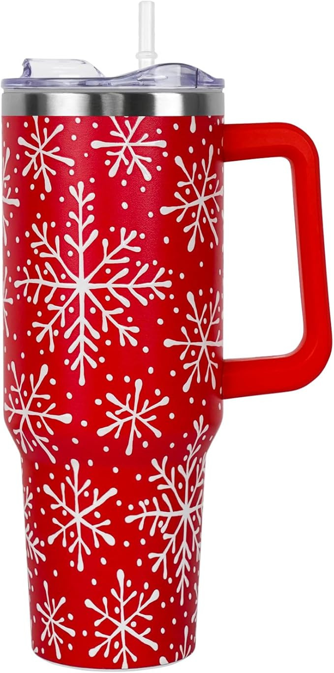 Christmas Tumbler with Handle and Straw Lid 40 oz,Cute Christmas Gifts for Women Red Snowflakes V... | Amazon (US)
