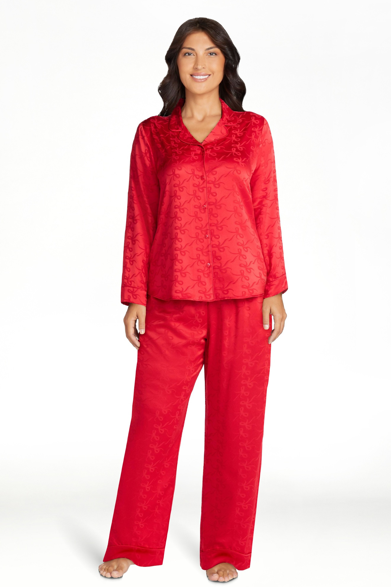 Joyspun Women’s Stretch Satin Notch Long Sleeve Top and Pants Pajama Set, 2-Piece, Sizes XS-3X | Walmart (US)