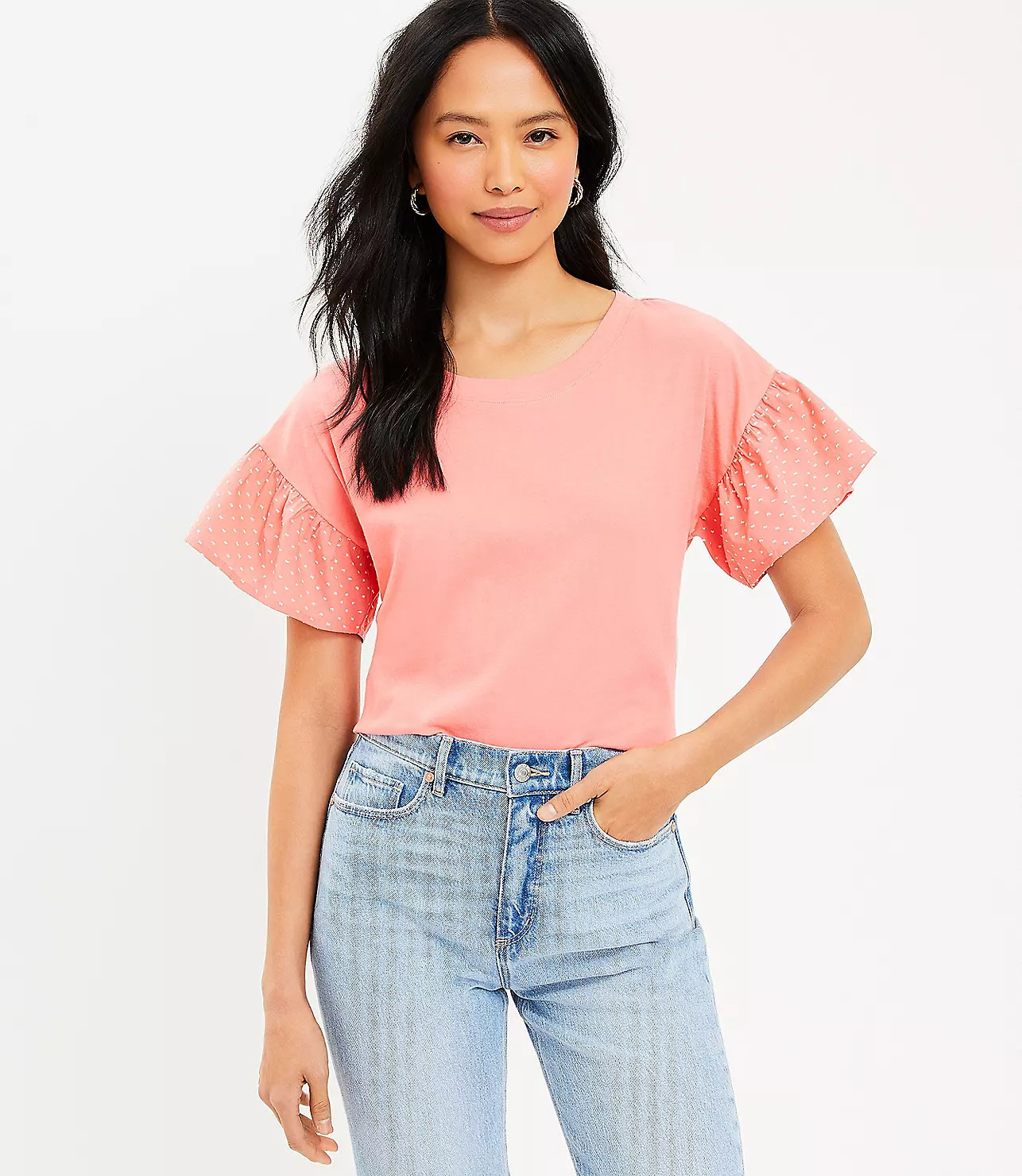 Clip Dot Flutter Sleeve Mixed Media Top | LOFT