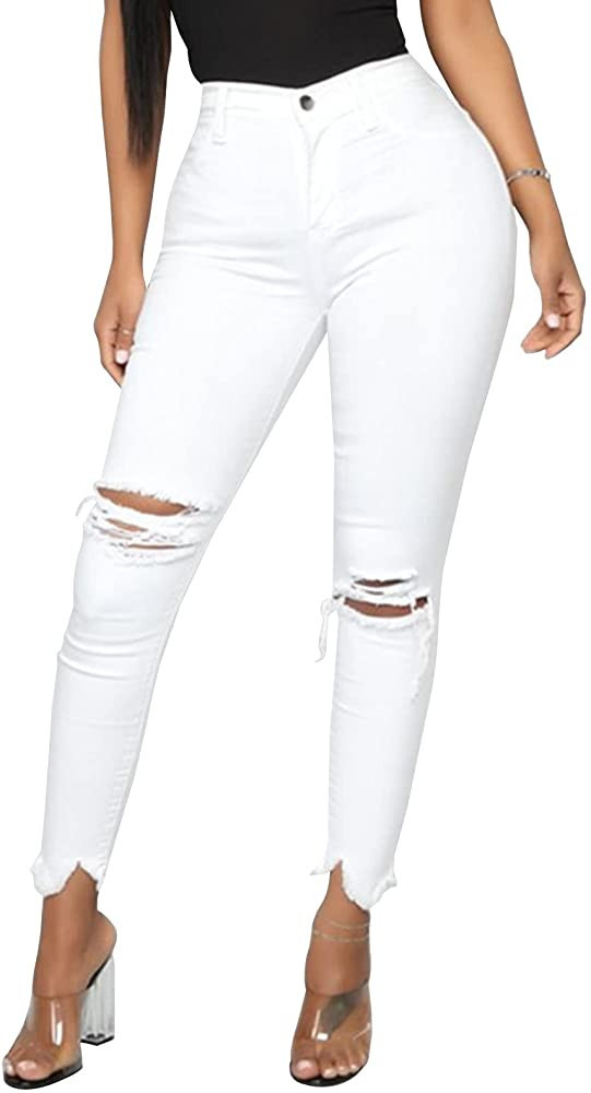 LONGYIDA Women's High Rise Ripped Skinny Jeans Stretch Slim Fit Distressed Destroyed Denim Ankle ... | Amazon (US)