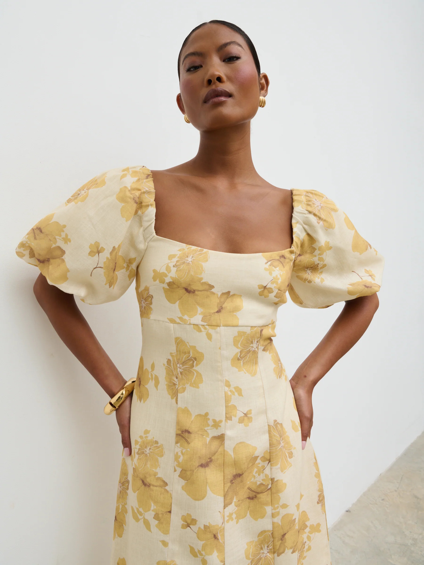 Bette Printed Puff Sleeve Midaxi Dress - Yellow Ochre Floral | Pretty Lavish (UK)