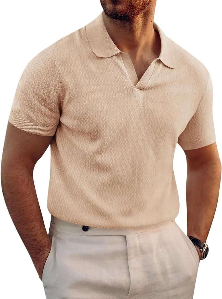Runcati Mens Knitted Polo Shirt Muscle Short Sleeve V Neck Stretch Casual Slim Fit Vintage Ribbed... | Amazon (US)