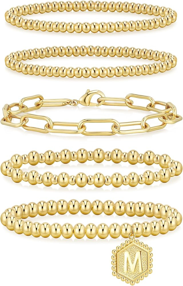 adoyi Gold Bracelets for Women Waterproof, 14K Gold Plated Beaded Strand Bead Ball Bracelets stac... | Amazon (US)