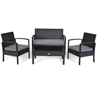 4-Piece Wicker Patio Conversation Set with Gray Cushions | The Home Depot