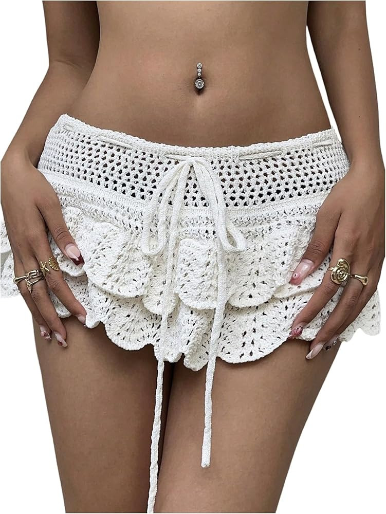 MakeMeChic Women's Crochet Cover Up Mini Skirt Tiered Ruffle Beach Coverups | Amazon (US)