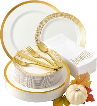 By Madee High End Thanksgiving Disposable Dinnerware Set - 175 Pcs 25 Guests – White & Gold Pla... | Amazon (US)