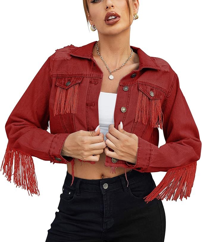 HOTLOOX Women’s Fringe Jacket Crop Denim Jacket Tassel Casual Button Front Jean Jackets | Amazon (US)