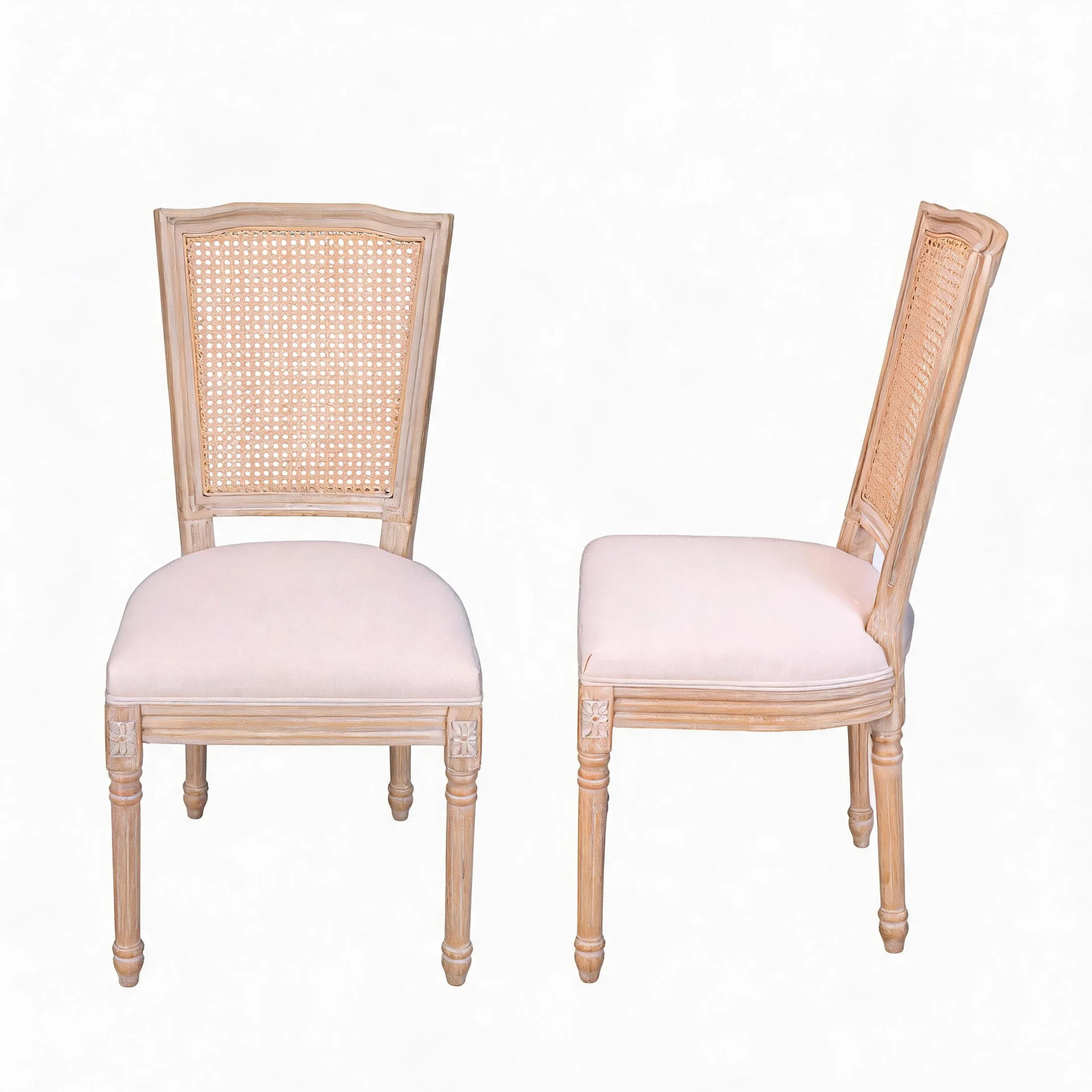 Set of 2 French Country Dining Chairs, Beige Linen Upholstered Dining Chairs with Rattan T-Back & Solid Wood Carved Legs | Wayfair North America