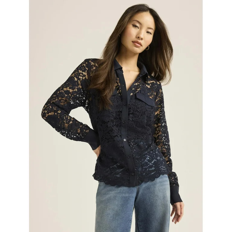 Scoop Women’s & Women's Plus Lace Shirt with Double Pockets, Sizes XS-4X | Walmart (US)