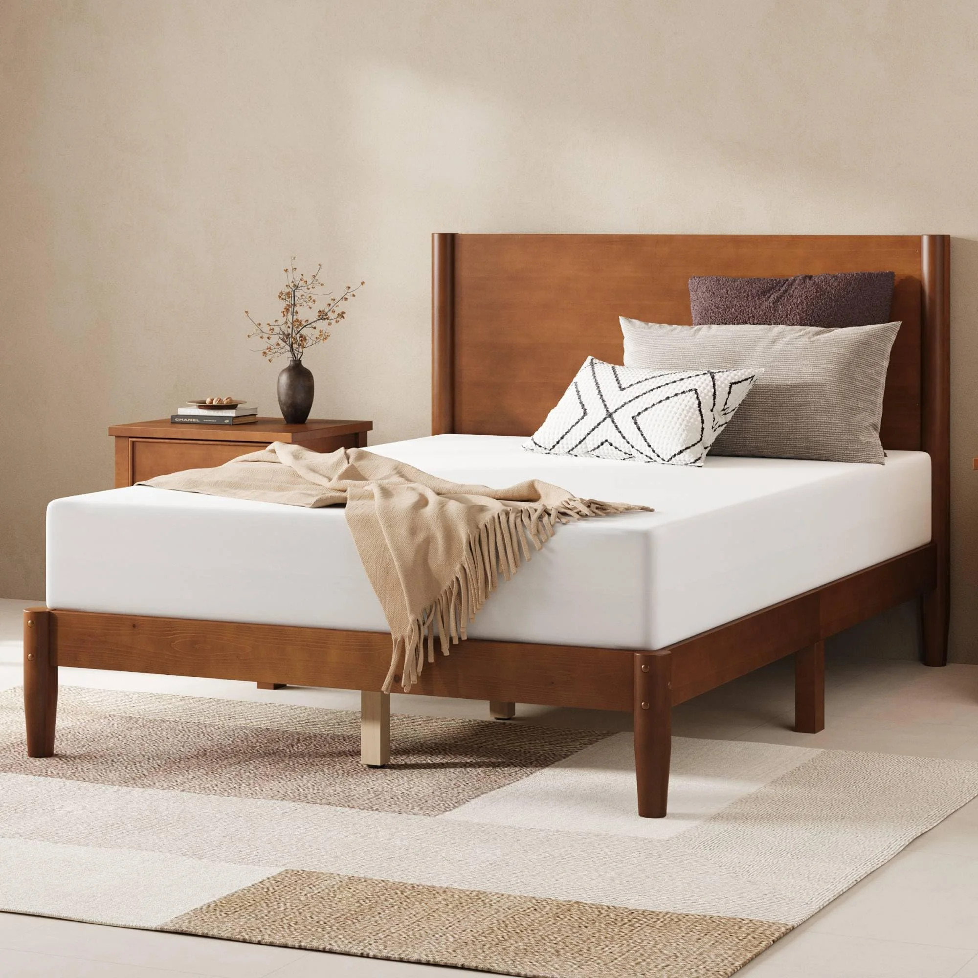 Merluxy Solid Wood Full Size Bed Frame, Mid Century Modern Bed with Full Panel Headboard, Under-Bed Storage, Brown Walnut - Walmart.com | Walmart (US)
