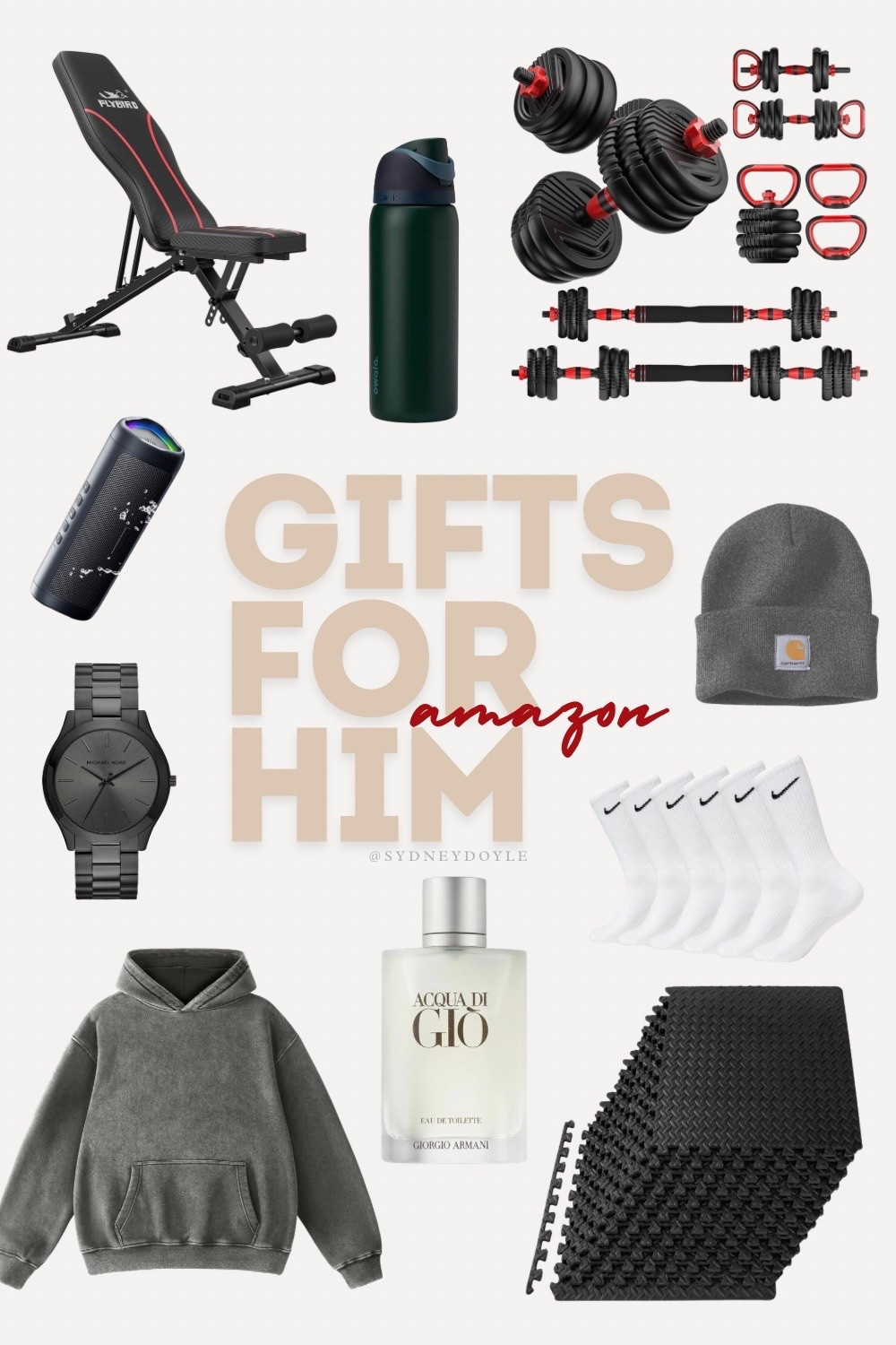 Amazon gifts for him. Men’s fitness gifts, workout essentials, grooming and style gifts for guys. Weight bench, adjustable dumbbells, gym floor tiles, travel water bottle, portable speaker, cologne, men’s watch, Carhartt beanie, Nike socks, cozy hoodie. Gift ideas for husband, boyfriend, dad, brother. Affordable Christmas gifts for men 2025. Amazon finds he will actually use.

#LTKMens #LTKGiftGuide #LTKHoliday