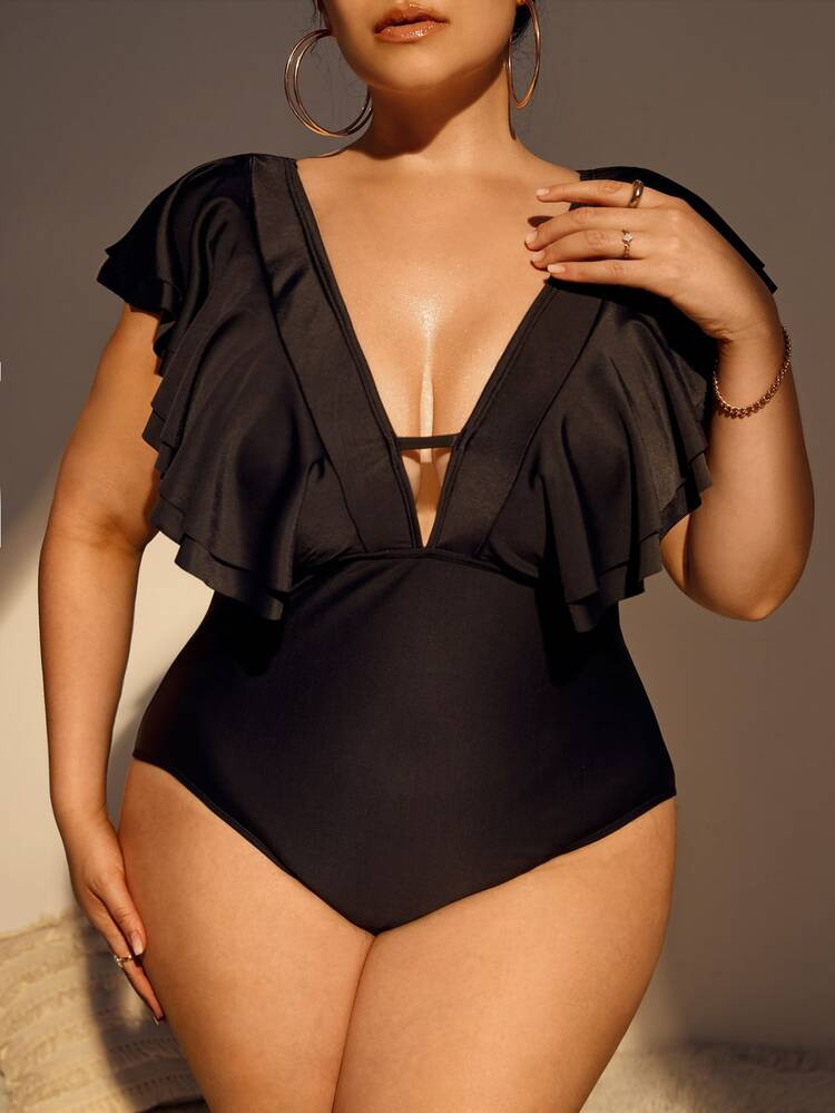 Plus Ruffle Trim Cut Out One Piece Swimsuit | SHEIN