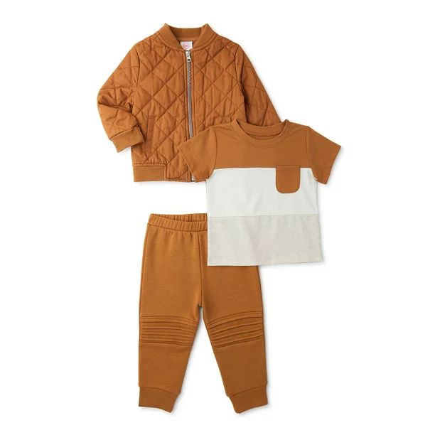 Wonder Nation Baby Boys Quilted Bomber Jacket, Joggers and T-Shirt, 3 Piece Outfit Set, Sizes 0/3... | Walmart (US)