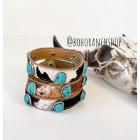 Cowhide Cuff Bracelets | Hair On Cowhide Genuine Leather Turquoise Colored Stones Southwestern Weste | Etsy (US)