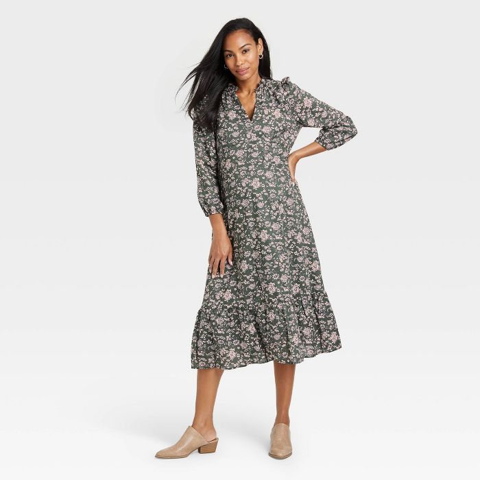The Nines by HATCH™ 3/4 Sleeve Tiered Maternity Dress - Olive Green Floral | Target