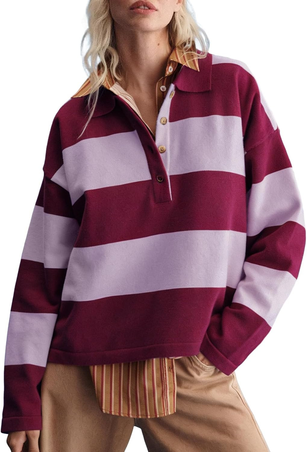 Wyeysyt Polo Sweater Women Rugby Shirt Striped Collared Sweaters | Amazon (US)