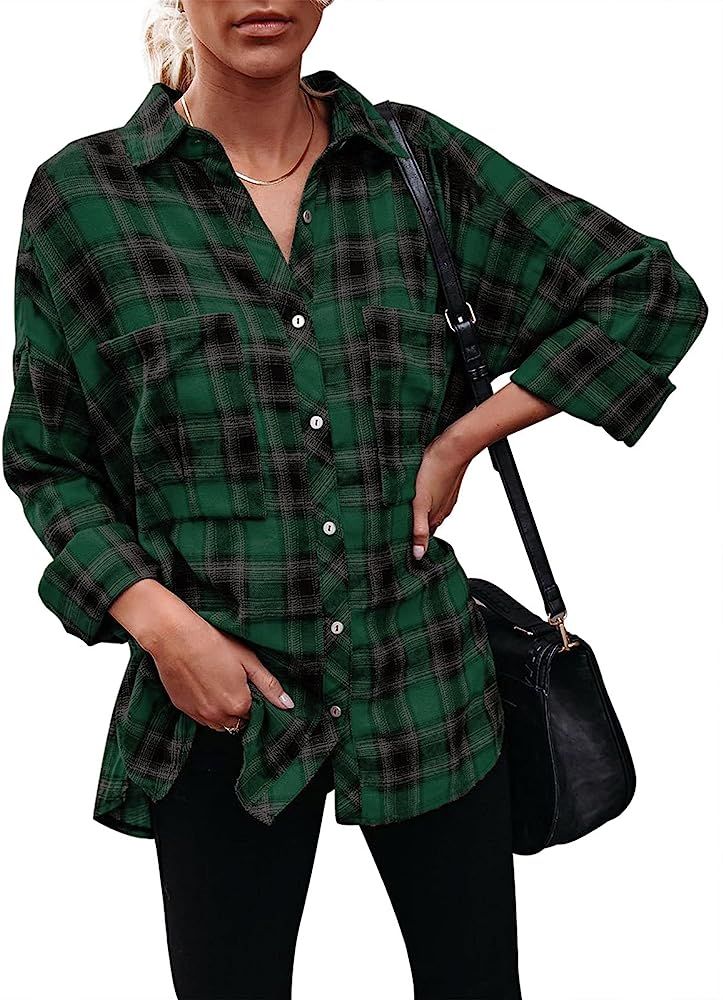 PINKMARCO Women Collar Neck Long Sleeve Oversized Flannel Plaid Shirts Casual Blouse Tops with Pocke | Amazon (US)