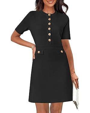 MEROKEETY Women's Ribbed Knit Bodycon Dress Button Short Sleeve Crew Neck Elegant Formal Mini Dre... | Amazon (US)