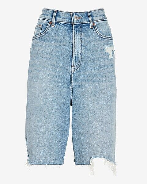 Super High Waisted Ripped Raw Hem Bermuda Jean Shorts | Express