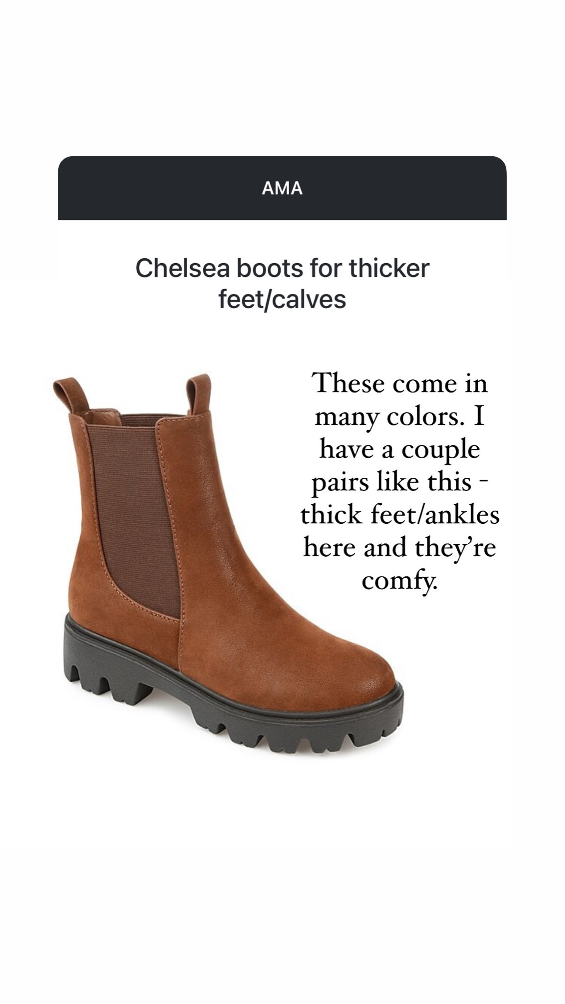 Chelsea boots for thicker feet and calves - look for something with some extra stretch like this. I have a couple similar pairs from years ago and they keep me feeling comfy but with options  

#LTKFindsUnder100 #LTKStyleTip #LTKShoeCrush
