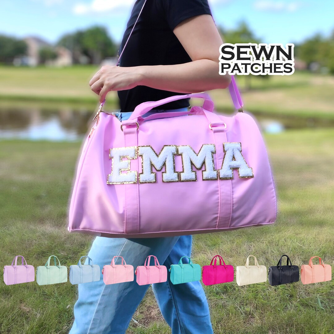 Duffle Bag Sewn Patches Personalized Nylon Duffle Bag Chenille Letter Patch Custom Overnight Bag ... | Etsy (US)
