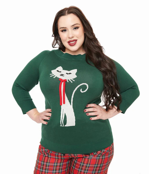Unique Vintage Plus Size 1960s Forest Green & Cream Cat Lorelai Sweater | UniqueVintage