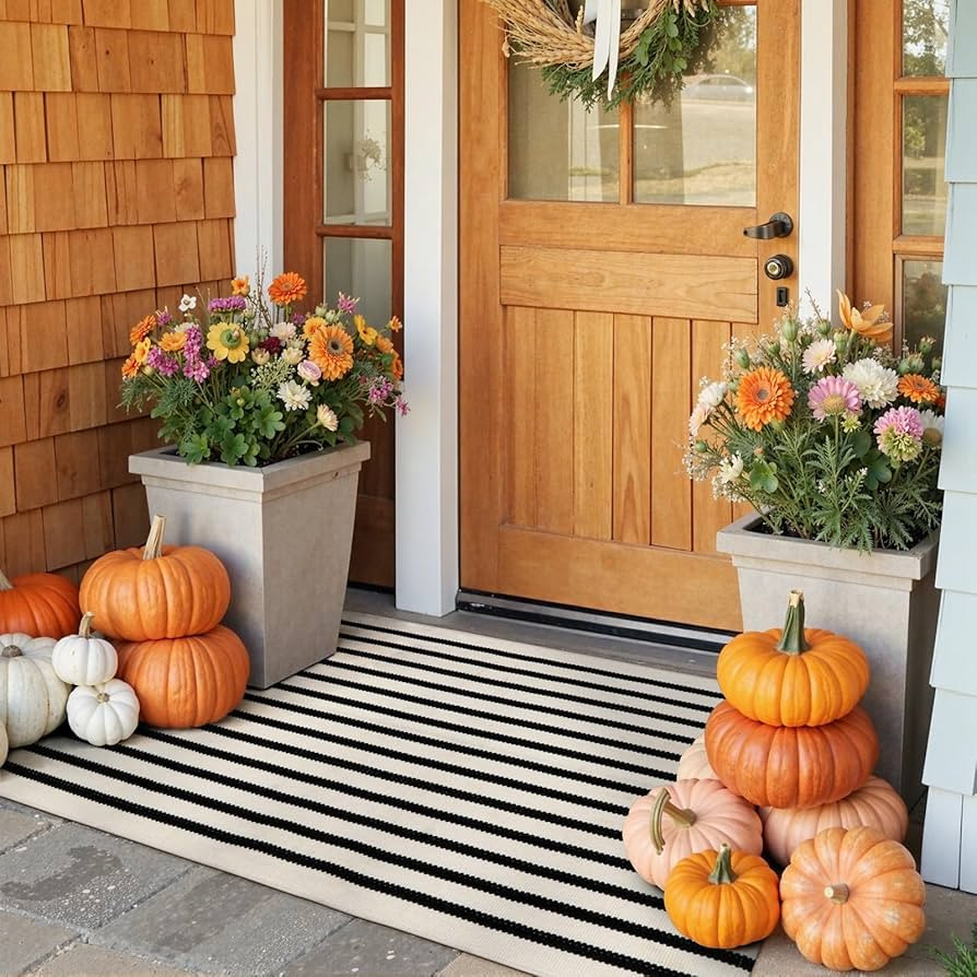 Collive Black and White Outdoor Rug Fall Door Mat 24"x 51", Cotton Woven Striped Welcome Doormat,... | Amazon (US)