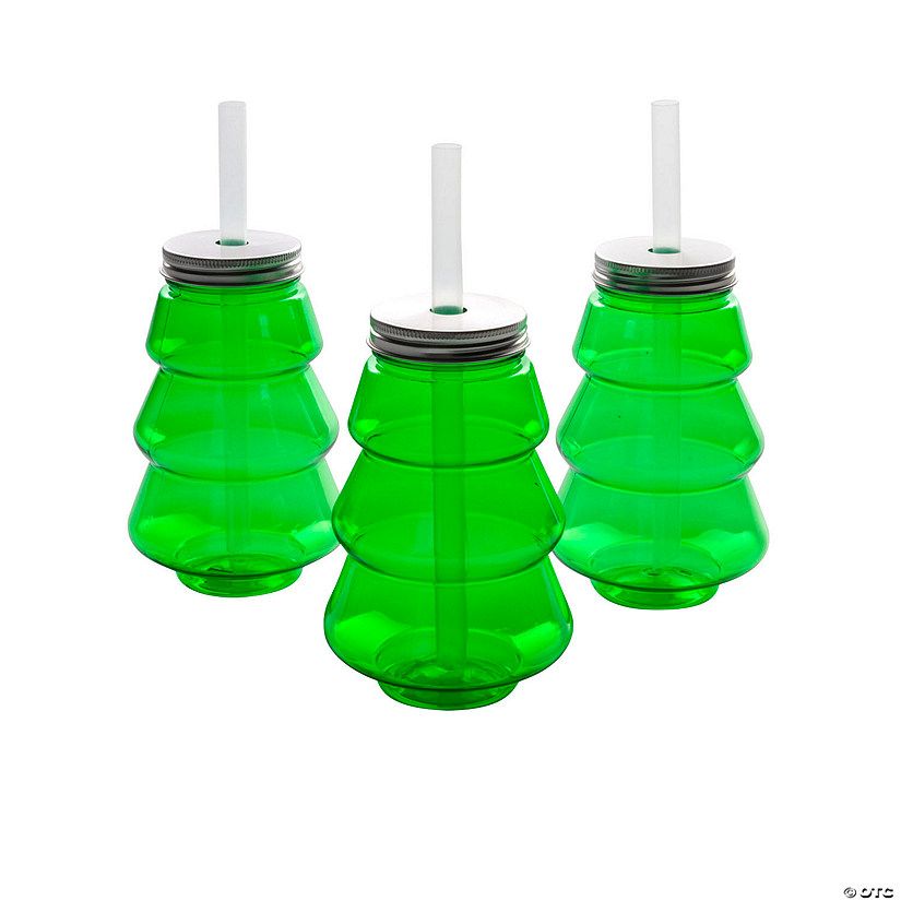 Christmas Tree BPA-Free Plastic Cups with Lids & Straws - 12 Ct. | Oriental Trading Company
