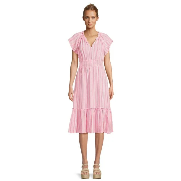 Time and Tru Women's Midi Linen Striped Dress - Walmart.com | Walmart (US)