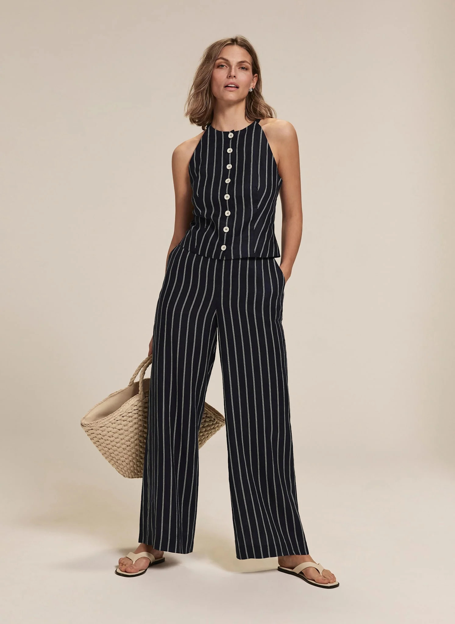 Navy Linen Striped Wide Trousers | Mint Velvet