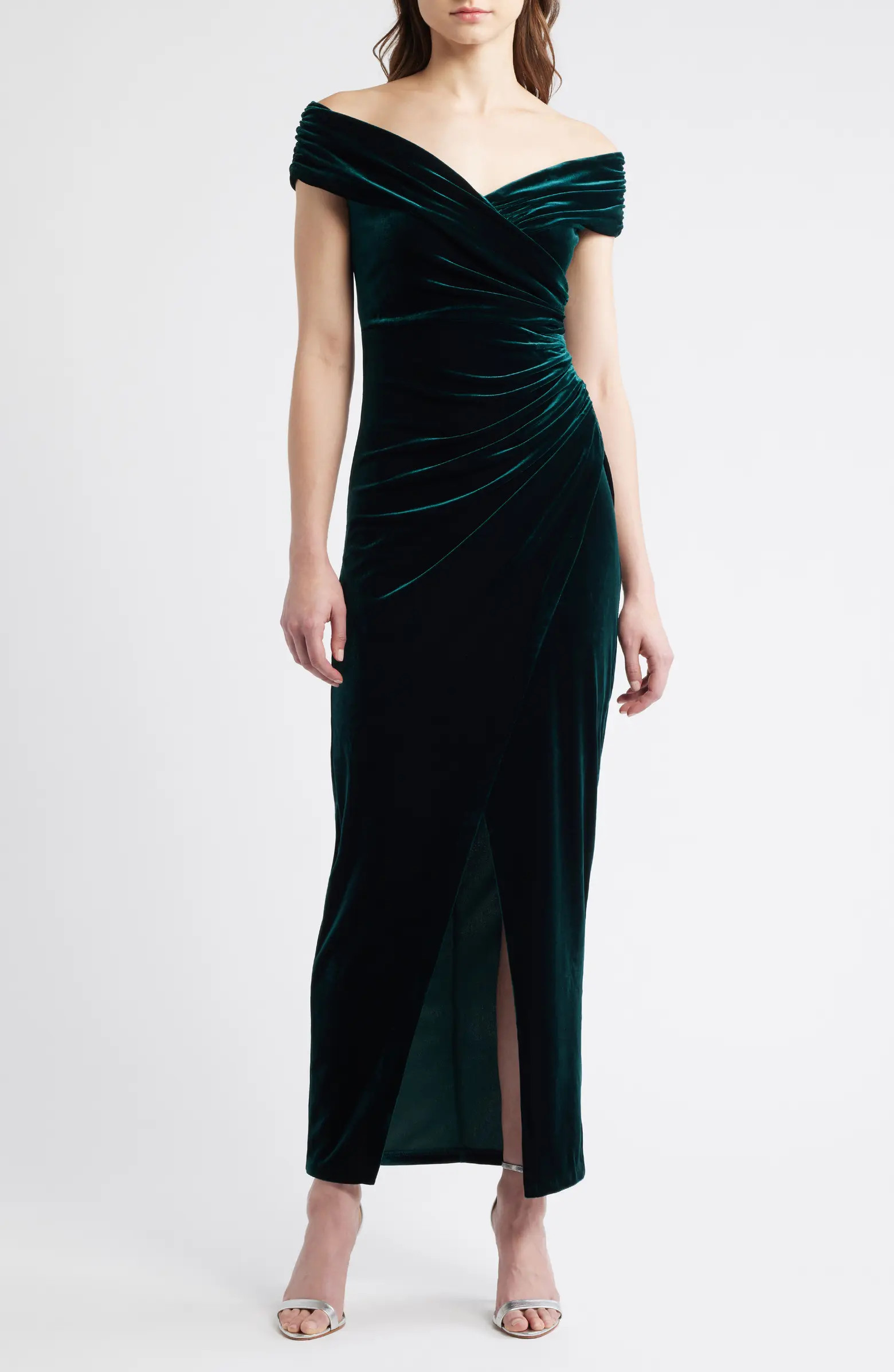 Off the Shoulder Velvet Ruched Sheath Gown | Nordstrom