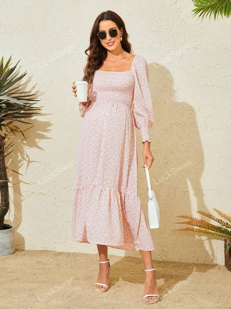 Maternity Ditsy Floral Print Square Neck Ruffle Hem Dress | SHEIN