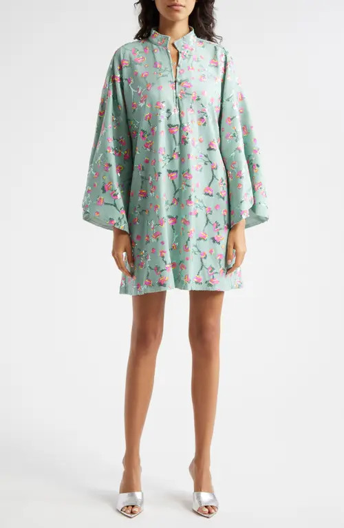 La Vie Style House Floral Sequin Bell Sleeve Cover-Up Dress in Mint Pink Multi at Nordstrom | Nordstrom