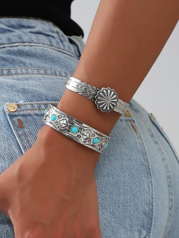 2 Peças Estilo Ocidental Prata Antiga Cor Metal Pulseira Cuff Conjunto De Pulseira Turquesa Jói... | SHEIN