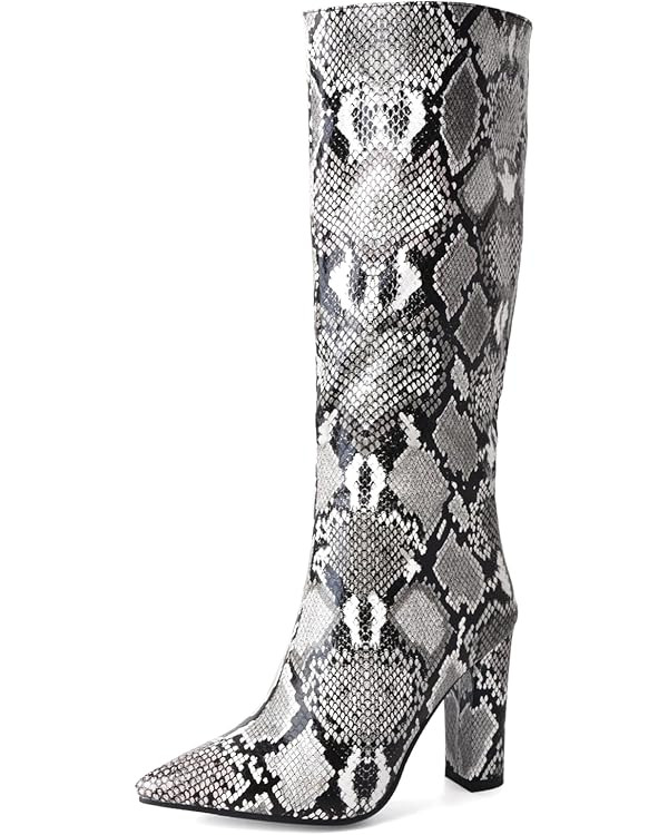 SHEMEE Women's Colorful Snakeskin Knee High Boot Chunky Block High Heels Snake Print Round Toe Zi... | Amazon (US)