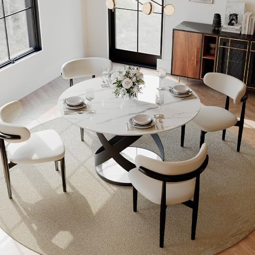 POVISON 51" Modern Dining Table, Glossy White Round Dining Table for 6, Sintered Stone Dining Tabletop with Black X Carbon Steel Base (Table Only) | Amazon (US)