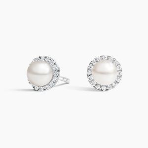 18K White Gold Freshwater Cultured Pearl Halo Diamond Earrings (5mm) | Brilliant Earth