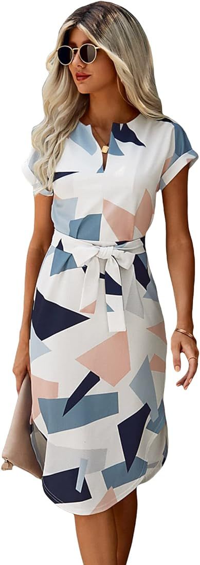 Cozyease Women's Geo Print Notched Neck Belted Dress Sleeve Midi Tunic Dress | Amazon (US)