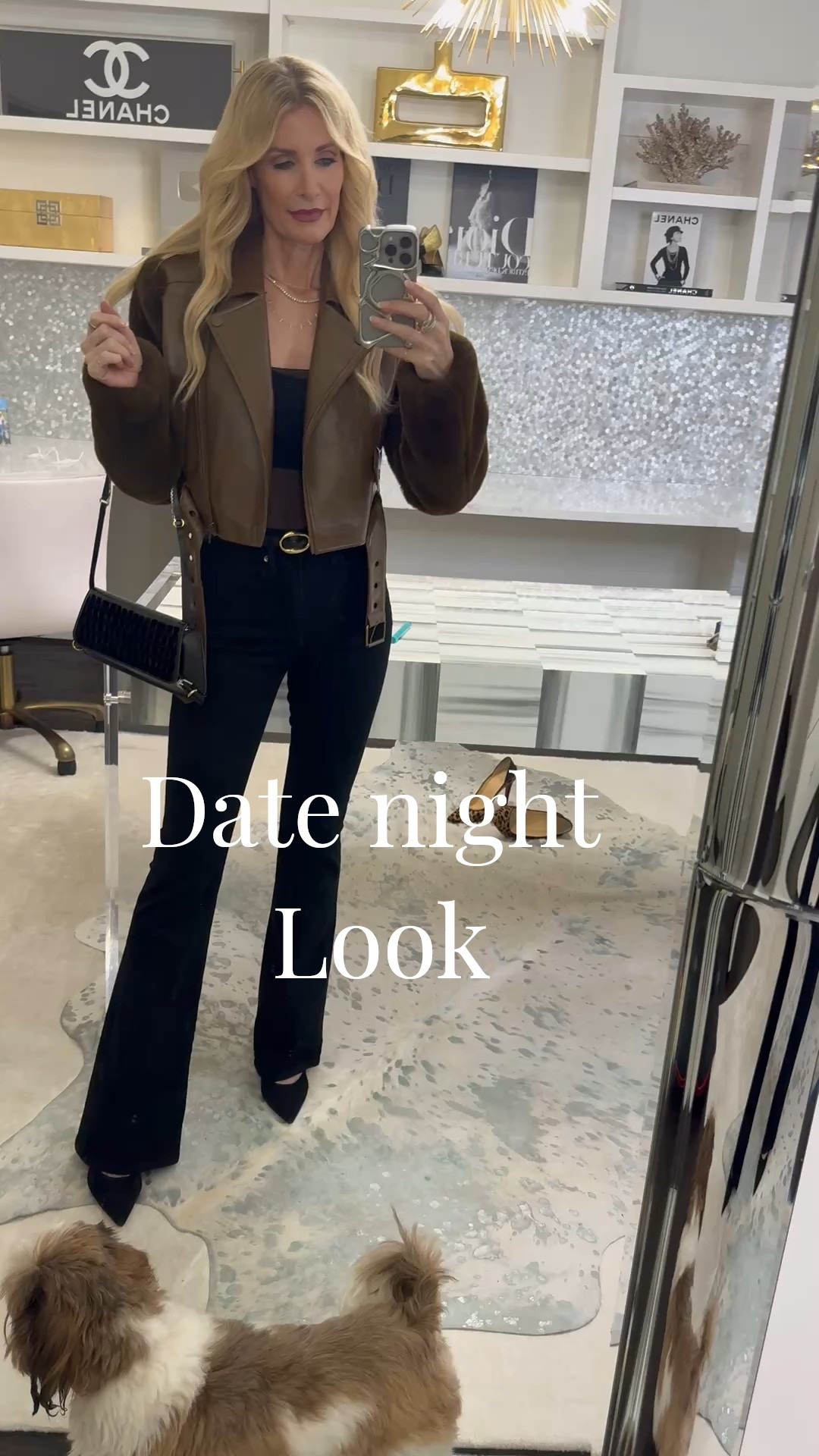 The perfect date night outfit or girls night out look — a cropped faux leather + faux fur jacket paired with a sheer tank (with a bralette underneath) is such a vibe. And these Veronica Beard skinny flare jeans are seriously leg-lengthening and so flattering (plus they’re actually comfy!). XS in jacket, 24 in jeans. 

 #LTKootd #LTKOver40 #LTKPetite