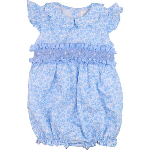 Blue Floral Smocked Rosette Bubble | Cecil and Lou