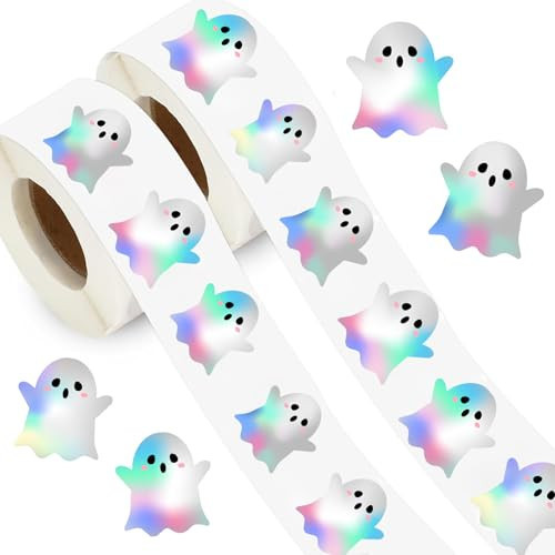 1000Pcs Holographic Halloween Ghost Stickers Roll - Waterproof Self-Adhesive Decals for Envelope Journal Decor, Party Supplies | Amazon (US)