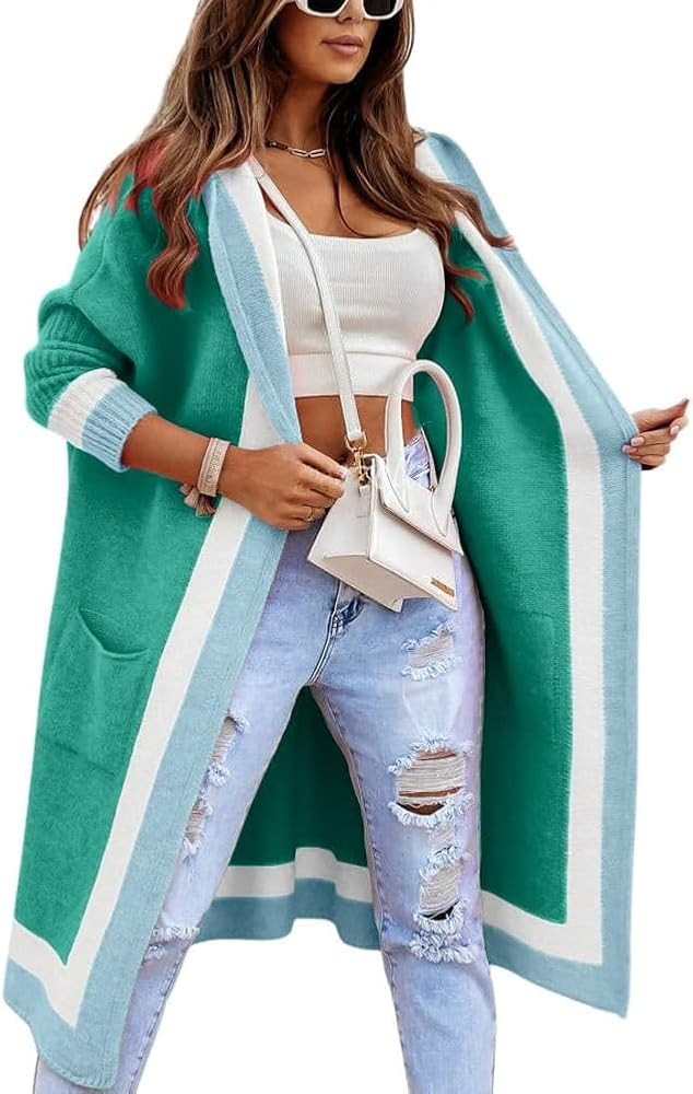 yoeasy Women's Color Block Striped Hooded Knit Long Cardigan Sweaters Oversized Open Front Long S... | Amazon (US)