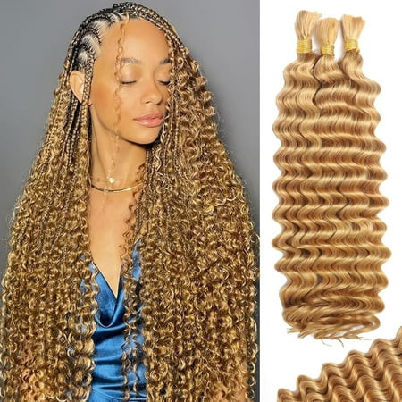 Human Braiding Hair for Boho Braids Human Hair Braiding Hair 110g 18 Inch Curly Boho Hair for Braiding Knotless 12A Deep Wave Bulk Human Hair for Braiding Bohemian 3 Bundles/Pack Caramel Honey Blonde | Walmart (US)