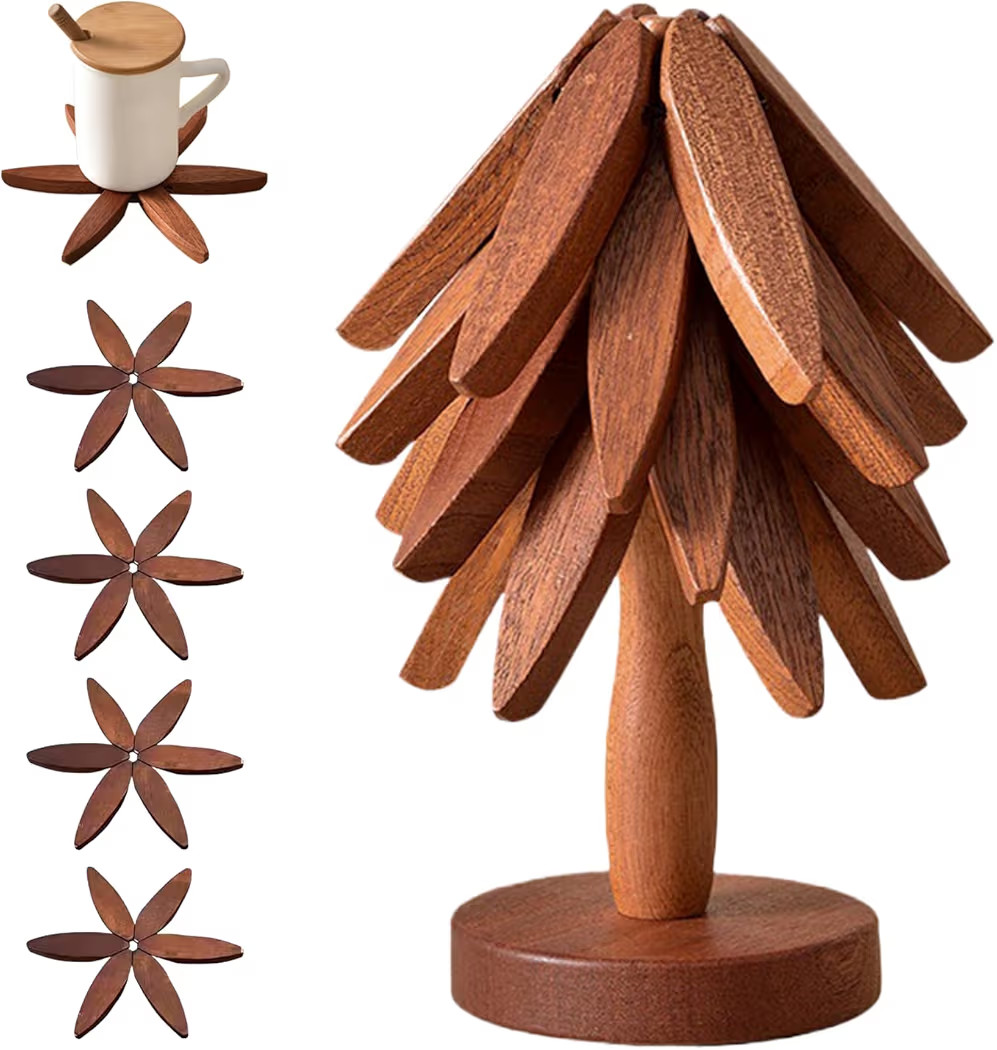 Wooden Trivets for Hot Dishes, Tree Shape Trivet Set, 4 Walnut Wood + 1 Stand stored Like a Chris... | Amazon (US)