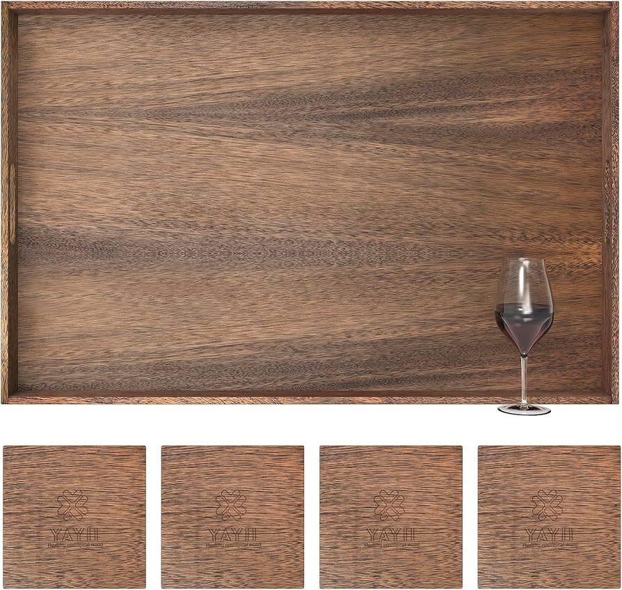 28x18 inches Large Rectangle Ottoman Table Tray Wooden Solid Rectangle Serving Tray with Handle B... | Amazon (US)