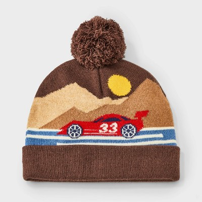 Toddler Boys' Race Car Scenic Knit Beanie Hat - Cat & Jack™ Brown 2T-5T | Target