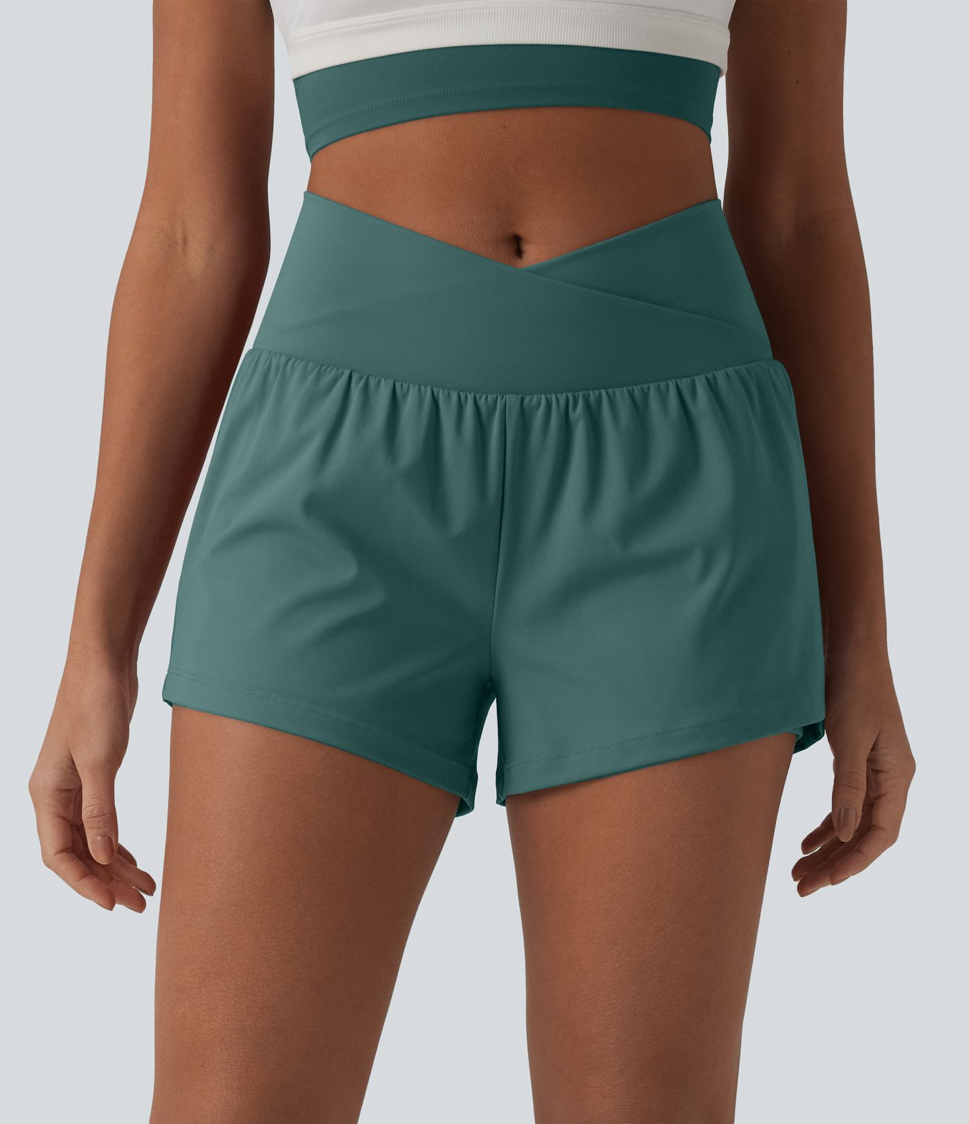 SoftlyZero\u2122 Airy Crossover High Waisted 2-in-1 InstantCool Yoga Shorts 3'' with Pockets | HALARA