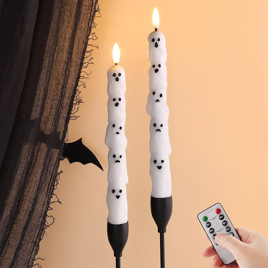 Eywamage Halloween Flameless Taper Candles with Remote, White Ghost LED Candlesticks Battery Oper... | Amazon (US)