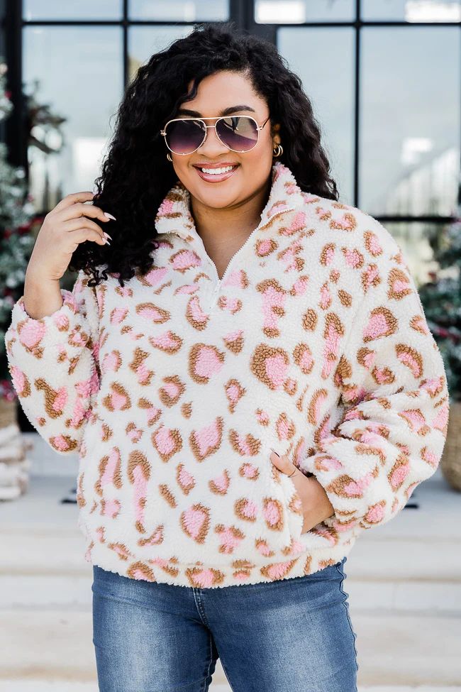 Call Of The Wild Pink Leopard Print Sherpa Quarter Zip Pullover | Pink Lily
